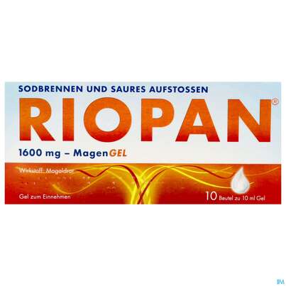 Sie sehen eine Packung Riopan Magengel 1600mg 10st, Produktbild: 01 Riopan Magengel 1600mg 10st, A-Nr.: 3549985 - 01