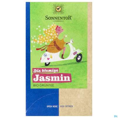 Sie sehen eine Packung Sonnentor Gruener Tee Bio Jasmin Beutel 02223 18st, Produktbild: 01 Sonnentor Gruener Tee Bio Jasmin Beutel 02223 18st, A-Nr.: 4307764 - 01