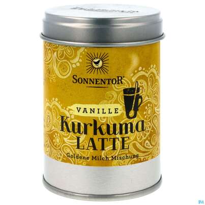 Sie sehen eine Packung Sonnentor Kurkuma-latte Vanille Bio Dose 09832 60g, Produktbild: 01 Sonnentor Kurkuma-latte Vanille Bio Dose 09832 60g, A-Nr.: 4389213 - 01