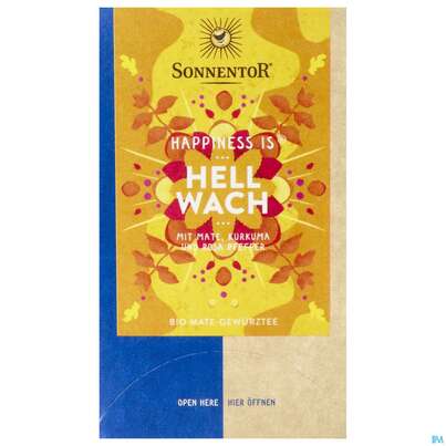 Sie sehen eine Packung Sonnentor Tee/bio Happiness Is Tee Hellwach 02588 18st, Produktbild: 01 Sonnentor Tee/bio Happiness Is Tee Hellwach 02588 18st, A-Nr.: 4899397 - 01