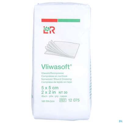 Sie sehen eine Packung Vlieskompressen Vliwasoft 4fach/unsteril Lose 5x 5cm 100st, Produktbild: 01 Vlieskompressen Vliwasoft 4fach/unsteril Lose 5x 5cm 100st, A-Nr.: 1016983 - 01