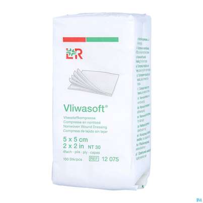 Sie sehen eine Packung Vlieskompressen Vliwasoft 4fach/unsteril Lose 5x 5cm 100st, Produktbild: 02 Vlieskompressen Vliwasoft 4fach/unsteril Lose 5x 5cm 100st, A-Nr.: 1016983 - 02