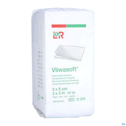 Sie sehen eine Packung Vlieskompressen Vliwasoft 4fach/unsteril Lose 5x 5cm 100st, Produktbild: 03 Vlieskompressen Vliwasoft 4fach/unsteril Lose 5x 5cm 100st, A-Nr.: 1016983 - 03