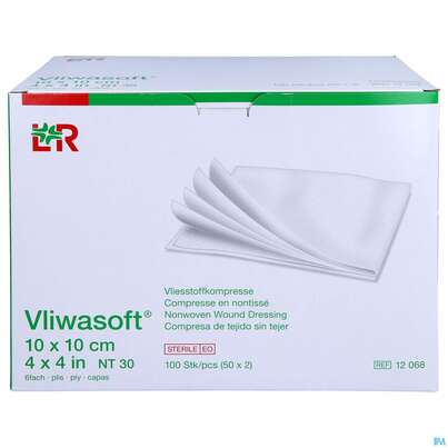 Sie sehen eine Packung Vlieskompressen Vliwasoft 6fach Steril 10x 10cm 100st, Produktbild: 01 Vlieskompressen Vliwasoft 6fach Steril 10x 10cm 100st, A-Nr.: 1372761 - 01