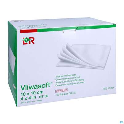 Sie sehen eine Packung Vlieskompressen Vliwasoft 6fach Steril 10x 10cm 100st, Produktbild: 03 Vlieskompressen Vliwasoft 6fach Steril 10x 10cm 100st, A-Nr.: 1372761 - 03