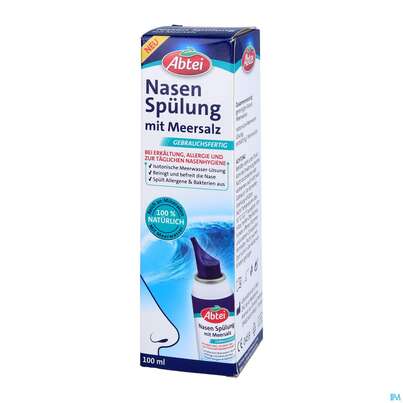 Sie sehen eine Packung Nasen Spuelung Abtei 100% Nat.meersalz O.kons Ab 3 Jahren 50000 100ml, Produktbild: 02 Nasen Spuelung Abtei 100% Nat.meersalz O.kons Ab 3 Jahren 50000 100ml, A-Nr.: 5214680 - 02