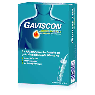 Sie sehen eine Packung Gaviscon Liquid Mint Suspension, Produktbild: 01 Gaviscon Liquid Mint Suspension, A-Nr.: 4210622 - 01