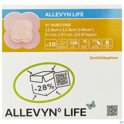Sie sehen eine Packung Wundverband Allevyn Life Schaumstoffverb.silikon 12,9x 12,9cm 10st, Produktbild: 01 Wundverband Allevyn Life Schaumstoffverb.silikon 12,9x 12,9cm 10st, A-Nr.: 4062386 - 01