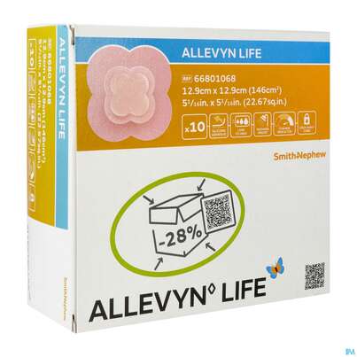Sie sehen eine Packung Wundverband Allevyn Life Schaumstoffverb.silikon 12,9x 12,9cm 10st, Produktbild: 02 Wundverband Allevyn Life Schaumstoffverb.silikon 12,9x 12,9cm 10st, A-Nr.: 4062386 - 02