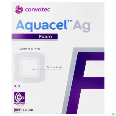 Sie sehen eine Packung Convatec Aquacel Ag Foam (7x7 Cm) 10x10 Cm, Produktbild: 01 Convatec Aquacel Ag Foam (7x7 Cm) 10x10 Cm, A-Nr.: 4154154 - 01