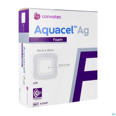 Sie sehen eine Packung Convatec Aquacel Ag Foam (7x7 Cm) 10x10 Cm, Produktbild: 02 Convatec Aquacel Ag Foam (7x7 Cm) 10x10 Cm, A-Nr.: 4154154 - 02
