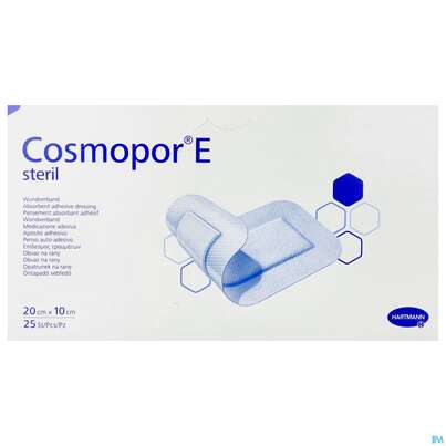 Sie sehen eine Packung Wundverband Cosmopor/e Steril Selbstklebend 10x 20cm 25st, Produktbild: 01 Wundverband Cosmopor/e Steril Selbstklebend 10x 20cm 25st, A-Nr.: 2773781 - 01