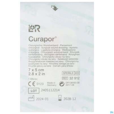 Sie sehen eine Packung Wundverband Curapor Steril Chirurgisch 7x 5cm 1st, Produktbild: 01 Wundverband Curapor Steril Chirurgisch 7x 5cm 1st, A-Nr.: 4534164 - 01