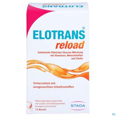 Sie sehen eine Packung Elotrans Reload Pulver Orange Beute 15st, Produktbild: 01 Elotrans Reload Pulver Orange Beute 15st, A-Nr.: 5724406 - 01