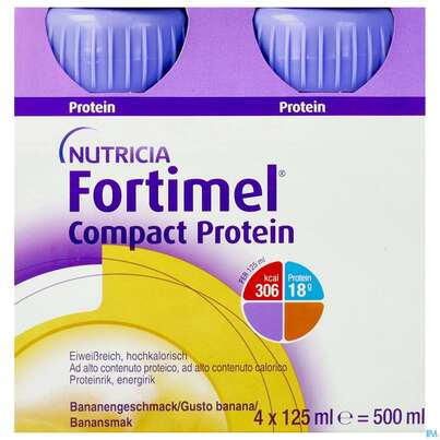 Sie sehen eine Packung Fortimel/compact/protein 125ml Vitalflasche Banane 4st, Produktbild: 01 Fortimel/compact/protein 125ml Vitalflasche Banane 4st, A-Nr.: 3948716 - 01