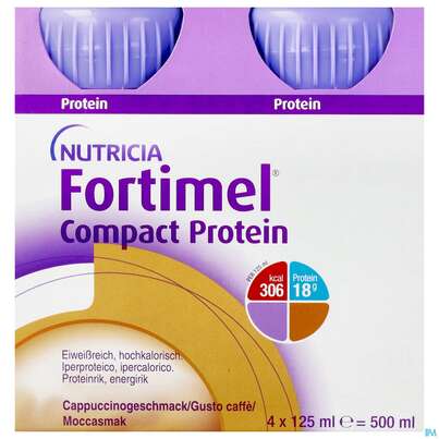 Sie sehen eine Packung Fortimel/compact/protein 125ml Vitalflasche Cappuccino 4st, Produktbild: 01 Fortimel/compact/protein 125ml Vitalflasche Cappuccino 4st, A-Nr.: 3948685 - 01