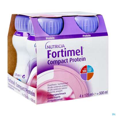 Sie sehen eine Packung Fortimel/compact/protein 125ml Vitalflasche Erdbeere 4st, Produktbild: 04 Fortimel/compact/protein 125ml Vitalflasche Erdbeere 4st, A-Nr.: 3948662 - 04