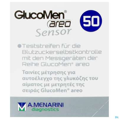 Sie sehen eine Packung Diagnostika U.zubehoer Glucomen Areo/sensor Teststreifen Nr 46193 50st, Produktbild: 01 Diagnostika U.zubehoer Glucomen Areo/sensor Teststreifen Nr 46193 50st, A-Nr.: 4243722 - 01