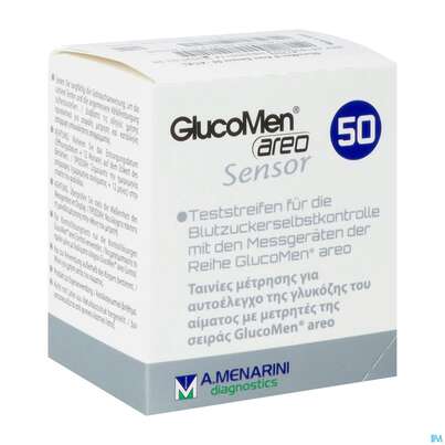 Sie sehen eine Packung Diagnostika U.zubehoer Glucomen Areo/sensor Teststreifen Nr 46193 50st, Produktbild: 02 Diagnostika U.zubehoer Glucomen Areo/sensor Teststreifen Nr 46193 50st, A-Nr.: 4243722 - 02