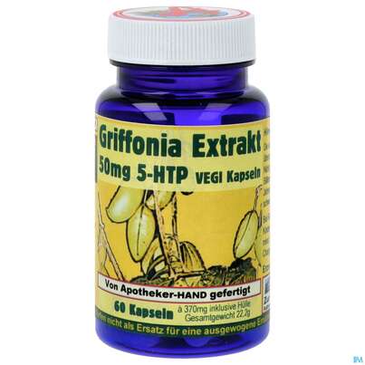 Sie sehen eine Packung Griffonia Extrakt Kapseln Vegi 50mg 5htp 60st, Produktbild: 01 Griffonia Extrakt Kapseln Vegi 50mg 5htp 60st, A-Nr.: 4612042 - 01