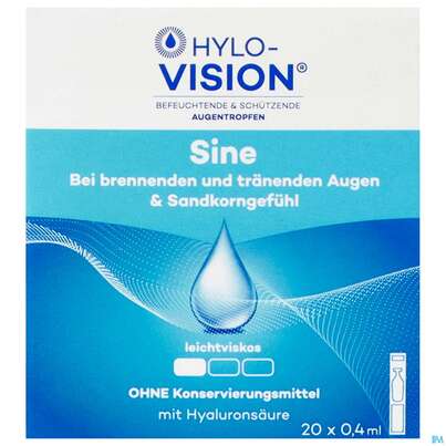 Sie sehen eine Packung Augentropfen Hylo-vision Sine 0,4ml 20st, Produktbild: 01 Augentropfen Hylo-vision Sine 0,4ml 20st, A-Nr.: 3829549 - 01