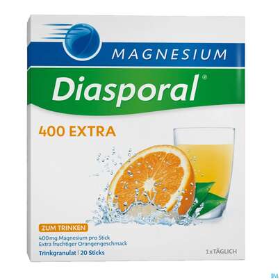 Sie sehen eine Packung Magnesium Diasporal/400 Extra/trinkgranulat 20st, Produktbild: 02 Magnesium Diasporal/400 Extra/trinkgranulat 20st, A-Nr.: 3870799 - 02