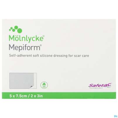 Sie sehen eine Packung Wundverband Mepiform Silikonverband Selbsthaftend 5x 7,5cm 1st, Produktbild: 01 Wundverband Mepiform Silikonverband Selbsthaftend 5x 7,5cm 1st, A-Nr.: 2302610 - 01