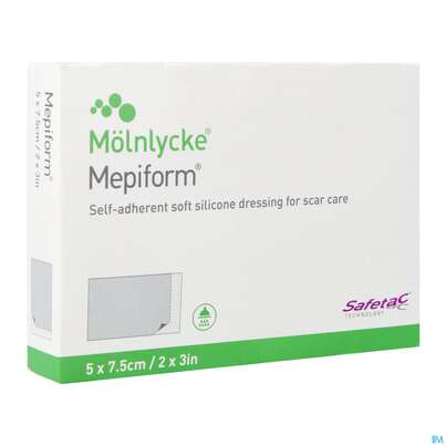 Sie sehen eine Packung Wundverband Mepiform Silikonverband Selbsthaftend 5x 7,5cm 1st, Produktbild: 02 Wundverband Mepiform Silikonverband Selbsthaftend 5x 7,5cm 1st, A-Nr.: 2302610 - 02