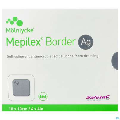 Sie sehen eine Packung Wundverband Mepilex Silikon Border/ag 10x 10cm 5st, Produktbild: 01 Wundverband Mepilex Silikon Border/ag 10x 10cm 5st, A-Nr.: 3847725 - 01