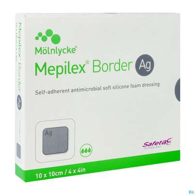 Sie sehen eine Packung Wundverband Mepilex Silikon Border/ag 10x 10cm 5st, Produktbild: 02 Wundverband Mepilex Silikon Border/ag 10x 10cm 5st, A-Nr.: 3847725 - 02