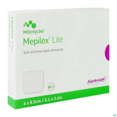 Sie sehen eine Packung Wundverband Mepilex Silikon Lite 6x 8,5cm 5st, Produktbild: 02 Wundverband Mepilex Silikon Lite 6x 8,5cm 5st, A-Nr.: 2829889 - 02