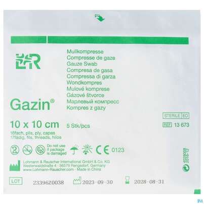 Sie sehen eine Packung Mullkompressen Gazin Baumw.17faedig Steril 16fach 10x10cm 5st, Produktbild: 01 Mullkompressen Gazin Baumw.17faedig Steril 16fach 10x10cm 5st, A-Nr.: 2575124 - 01