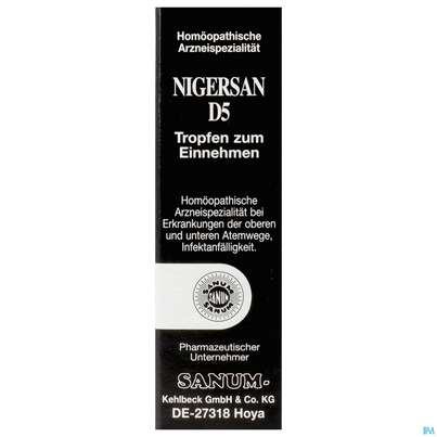 Sie sehen eine Packung Nigersan Tropfen D5 10ml, Produktbild: 01 Nigersan Tropfen D5 10ml, A-Nr.: 0991700 - 01