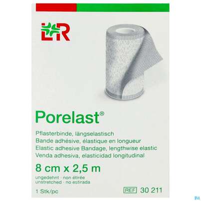 Sie sehen eine Packung Pflasterbinden Porelast Laengselast.ungedehnt 2,5mx 8cm 1st, Produktbild: 01 Pflasterbinden Porelast Laengselast.ungedehnt 2,5mx 8cm 1st, A-Nr.: 5026412 - 01