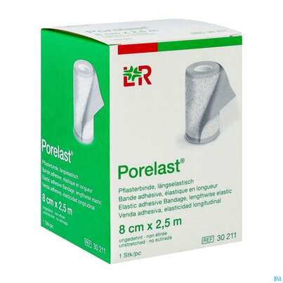 Sie sehen eine Packung Pflasterbinden Porelast Laengselast.ungedehnt 2,5mx 8cm 1st, Produktbild: 02 Pflasterbinden Porelast Laengselast.ungedehnt 2,5mx 8cm 1st, A-Nr.: 5026412 - 02