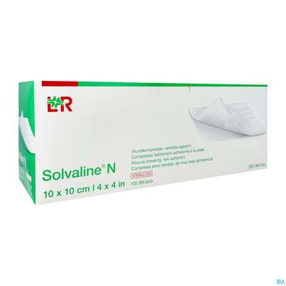 Sie sehen eine Packung Solvaline N-kompresse Steril 10x 10cm 100st, Produktbild: 02 Solvaline N-kompresse Steril 10x 10cm 100st, A-Nr.: 1519744 - 02