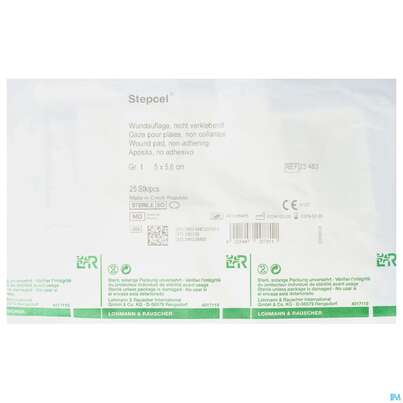 Sie sehen eine Packung Wundauflagen Stepcel/gazelin Steril Gr 1 25st, Produktbild: 01 Wundauflagen Stepcel/gazelin Steril Gr 1 25st, A-Nr.: 0986538 - 01