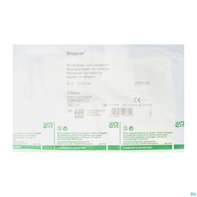 Sie sehen eine Packung Wundauflagen Stepcel/gazelin Steril Gr 1 25st, Produktbild: 02 Wundauflagen Stepcel/gazelin Steril Gr 1 25st, A-Nr.: 0986538 - 02