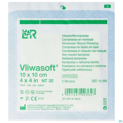 Sie sehen eine Packung Vlieskompressen Vliwasoft 4fach Steril 10x 10cm 2st, Produktbild: 01 Vlieskompressen Vliwasoft 4fach Steril 10x 10cm 2st, A-Nr.: 1016948 - 01