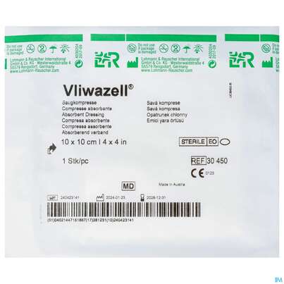 Sie sehen eine Packung Vliwazell Saugkompresse Steril 10x 10cm 1st, Produktbild: 01 Vliwazell Saugkompresse Steril 10x 10cm 1st, A-Nr.: 0477328 - 01