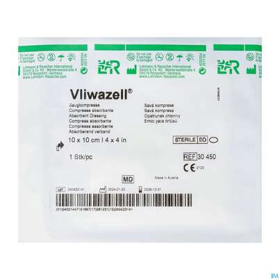 Sie sehen eine Packung Vliwazell Saugkompresse Steril 10x 10cm 1st, Produktbild: 02 Vliwazell Saugkompresse Steril 10x 10cm 1st, A-Nr.: 0477328 - 02