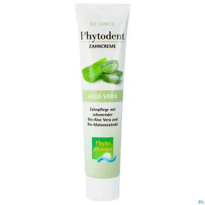 Sie sehen eine Packung Zahnpaste Phytodent Phytopharma Creme Aloe Vera +malven Extrakt 75ml, Produktbild: 01 Zahnpaste Phytodent Phytopharma Creme Aloe Vera +malven Extrakt 75ml, A-Nr.: 4606432 - 01