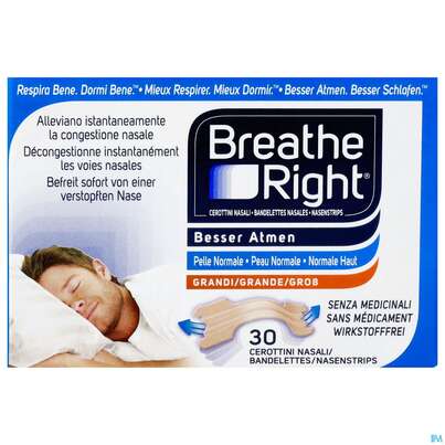 Sie sehen eine Packung Nasen Strips Besser Atmen Breathe Right Nasen Pflaster Beige Gross 30st, Produktbild: 01 Nasen Strips Besser Atmen Breathe Right Nasen Pflaster Beige Gross 30st, A-Nr.: 3589884 - 01