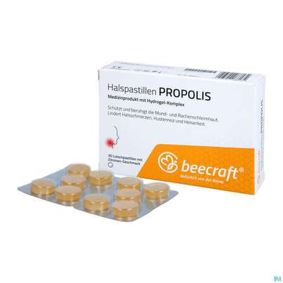 Sie sehen eine Packung Propolis Beecraft Halspastillen 62011 30st, Produktbild: 03 Propolis Beecraft Halspastillen 62011 30st, A-Nr.: 5722821 - 03