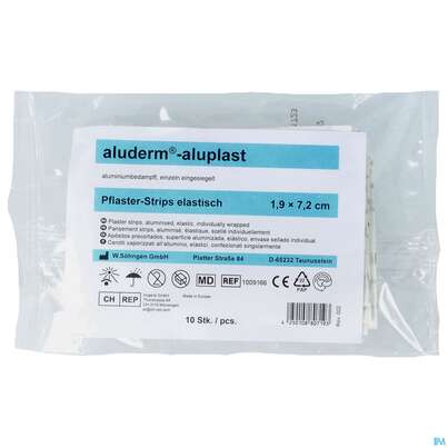 Sie sehen eine Packung Aluderm/aluplast Strips Elast. 1,9x 7,2cm 10st, Produktbild: 01 Aluderm/aluplast Strips Elast. 1,9x 7,2cm 10st, A-Nr.: 2037875 - 01