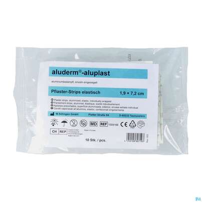 Sie sehen eine Packung Aluderm/aluplast Strips Elast. 1,9x 7,2cm 10st, Produktbild: 02 Aluderm/aluplast Strips Elast. 1,9x 7,2cm 10st, A-Nr.: 2037875 - 02