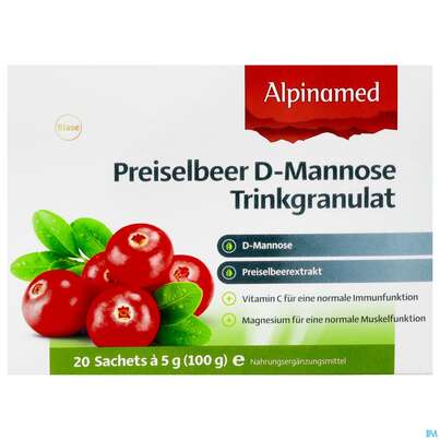 Sie sehen eine Packung D-mannose Trinkgranulat -alpinamed Preiselbeer Sachets 20st, Produktbild: 01 D-mannose Trinkgranulat -alpinamed Preiselbeer Sachets 20st, A-Nr.: 5451782 - 01