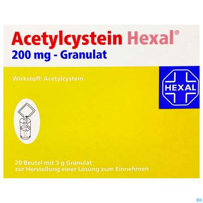 Sie sehen eine Packung Acetylcystein-hexal Granulat 200mg 20st, Produktbild: 01 Acetylcystein-hexal Granulat 200mg 20st, A-Nr.: 3771703 - 01