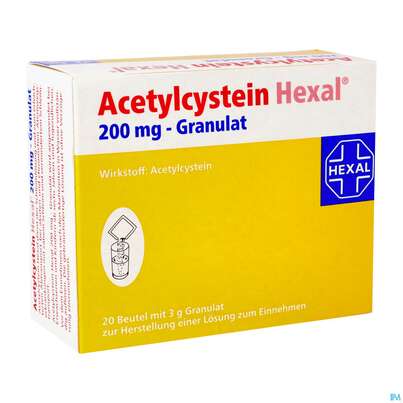 Sie sehen eine Packung Acetylcystein-hexal Granulat 200mg 20st, Produktbild: 02 Acetylcystein-hexal Granulat 200mg 20st, A-Nr.: 3771703 - 02