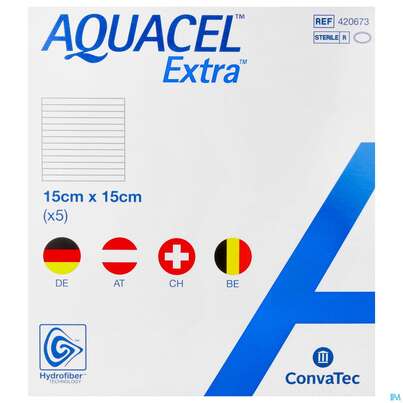Sie sehen eine Packung Convatec Aquacel Extra 15x15 Cm, Produktbild: 01 Convatec Aquacel Extra 15x15 Cm, A-Nr.: 3972873 - 01